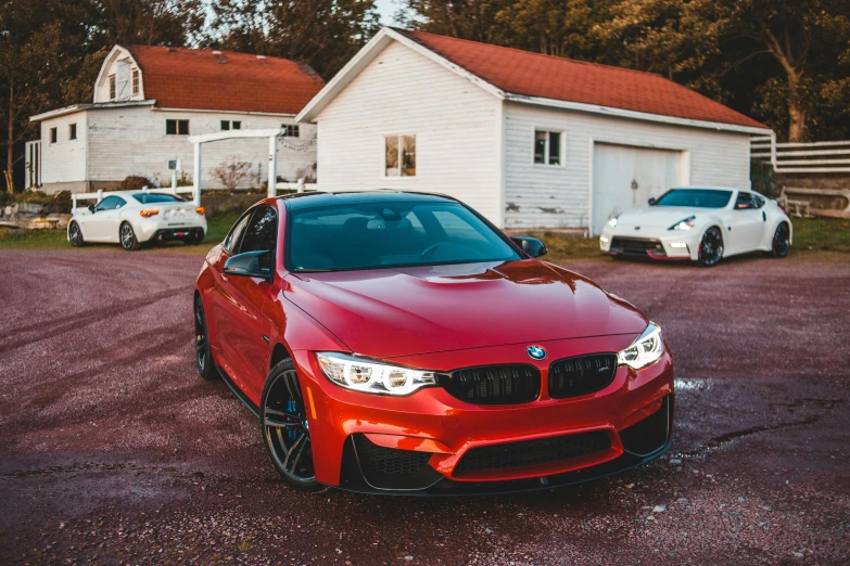 a red car parked in front of a white house, by Josh Bayer, pexels contest winner, renaissance, bmw, avatar image, modded, on a street race track
