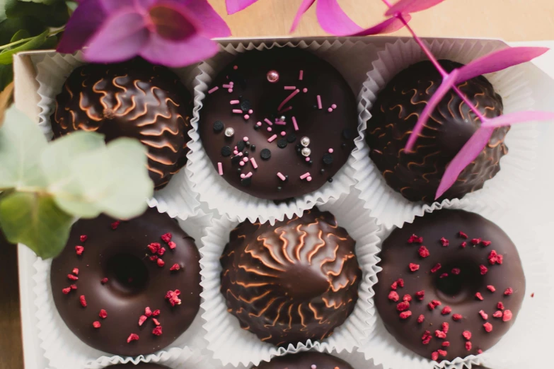 a box of chocolate covered donuts with sprinkles, by Julia Pishtar, pexels contest winner, hurufiyya, large opaque blossoms, thumbnail, fan favorite, wine