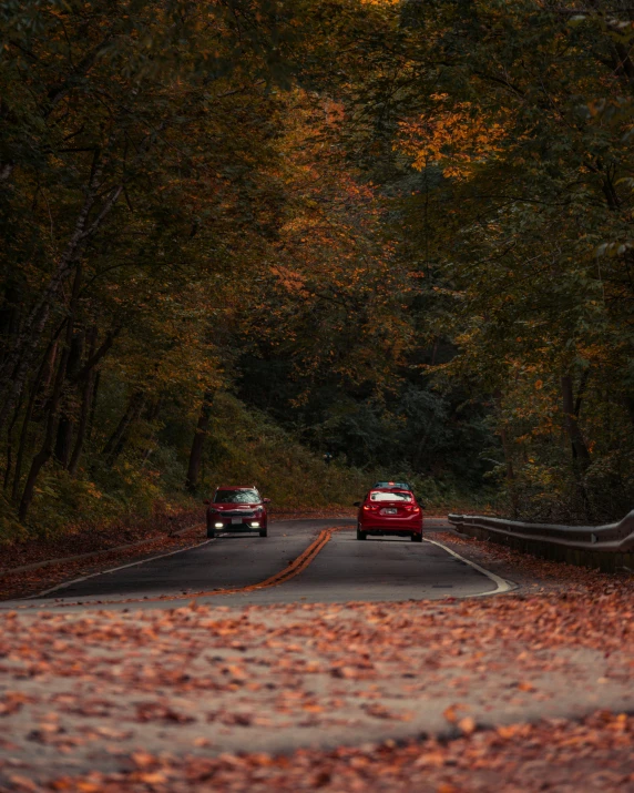 a couple of cars that are on a road, by Marshall Arisman, pexels contest winner, mid fall, 2 5 6 x 2 5 6 pixels, behind the scenes, 🍁 cute