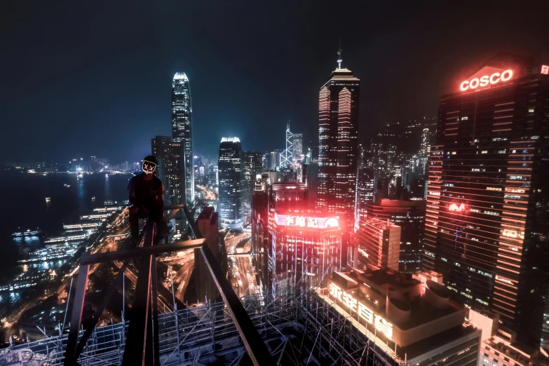 a man standing on top of a tall building, a matte painting, by Patrick Ching, pexels contest winner, nightlife, hong kong buildings, instagram post, 8k resolution”