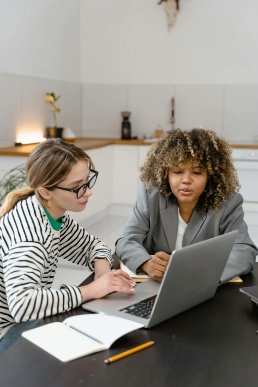 two women sitting at a table working on a laptop, trending on pexels, professional profile picture, grey, inspect in inventory image, high quality image