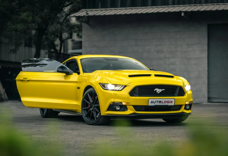 a yellow mustang parked in front of a building, a portrait, pexels contest winner, hurufiyya, avatar image, sport car, pristine and clean, instagram picture