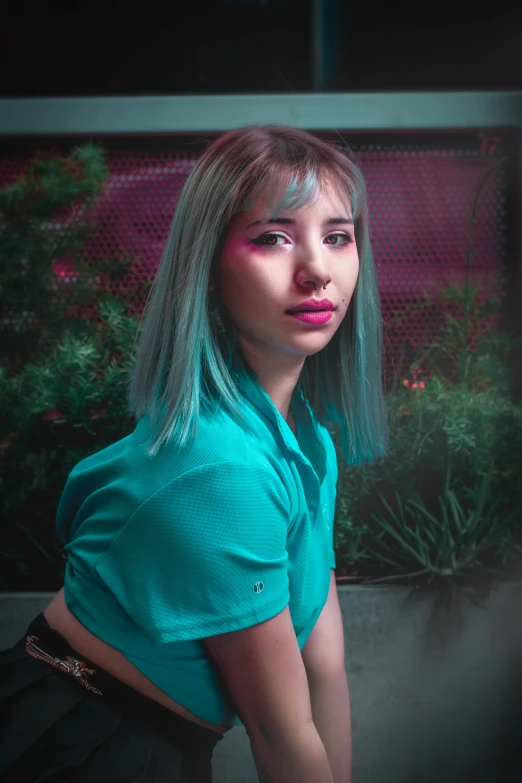 a woman with blue hair posing for a picture, a colorized photo, inspired by Elsa Bleda, pexels contest winner, realism, short green bobcut, ( ( ( synthwave ) ) ), 5 0 0 px models, young woman