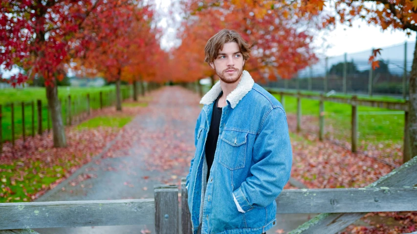 a man standing in front of a wooden fence, an album cover, pexels, fall foliage, wearing a jeans jackets, pewdiepie, portrait shot 8 k