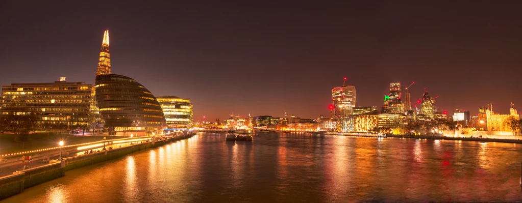 the city of london is lit up at night, pexels contest winner, wide angle river, highly detailed ”, brown, panoramic