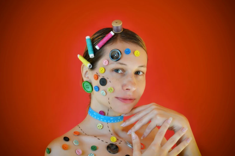 a woman with lots of buttons on her face, an album cover, trending on pexels, model painting, kek, pose model, very accurate photo