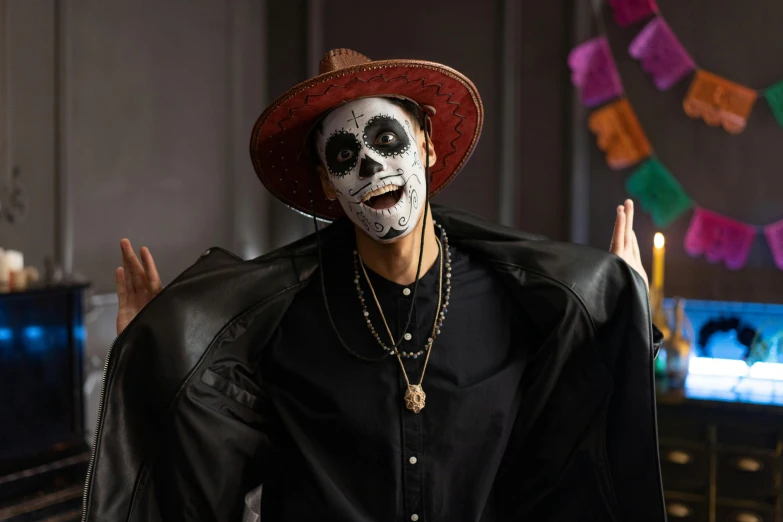 a man dressed up as a skeleton in a living room, a portrait, pexels contest winner, graffiti, sombrero, brown skin man with a giant grin, square, avatar image