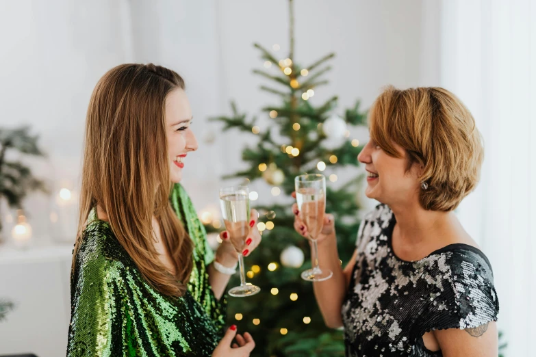 two women holding wine glasses in front of a christmas tree, pexels contest winner, happening, avatar image, background image, candid portrait photo, champagne on the table