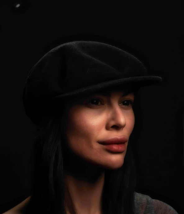 a woman with long black hair wearing a hat, an album cover, pexels, wearing newsboy cap, cinematic chiaroscuro, headshot profile picture, adar darnov