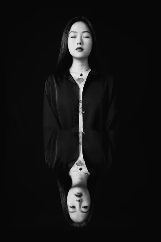 a woman standing in front of a mirror with her eyes closed, a black and white photo, inspired by Jung Park, cruel korean goth girl, hong june hyung, symmetry!!!, hoang long ly