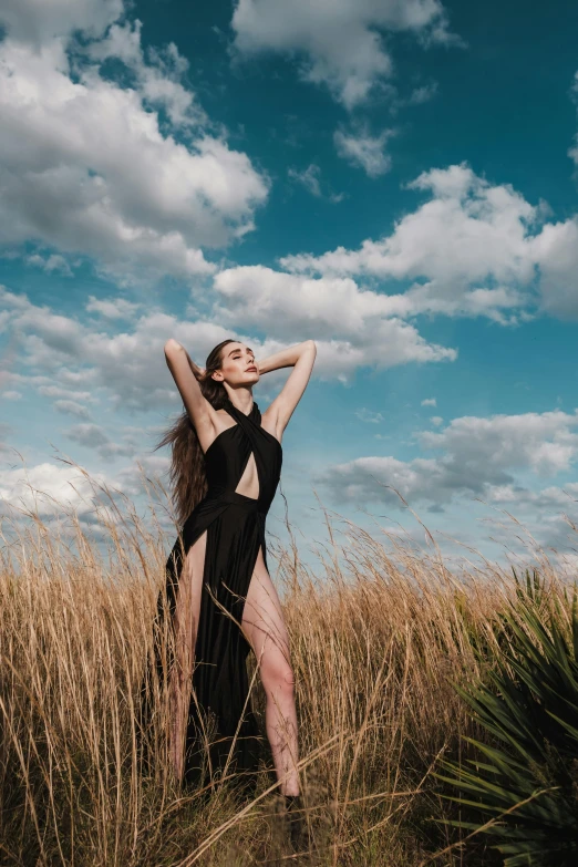 a woman in a black dress standing in a field, trending on pexels, at a fashion shoot, leading to the sky, sleek flowing shapes, kailee mandel