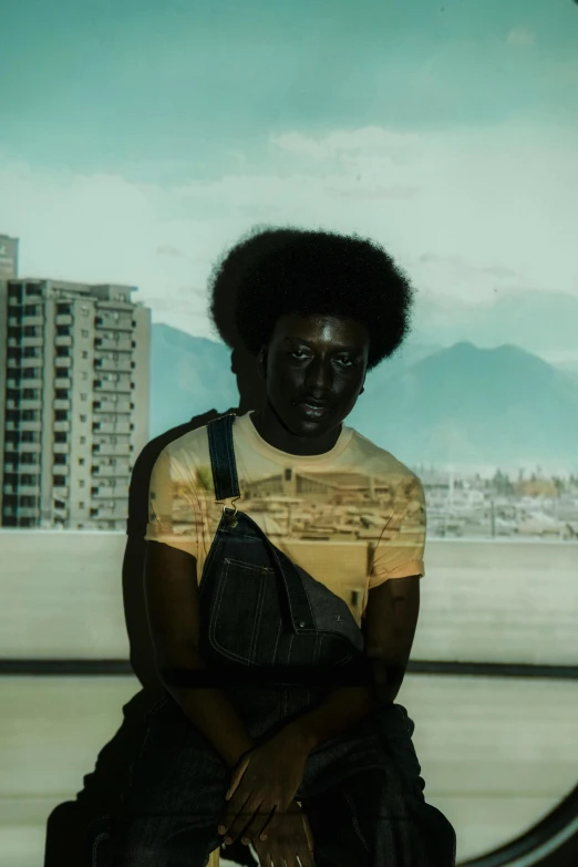 a woman sitting on a bench in front of a window, an album cover, by artist, pexels contest winner, hyperrealism, black man with afro hair, uniform off - white sky, in tokio, a boy made out of gold