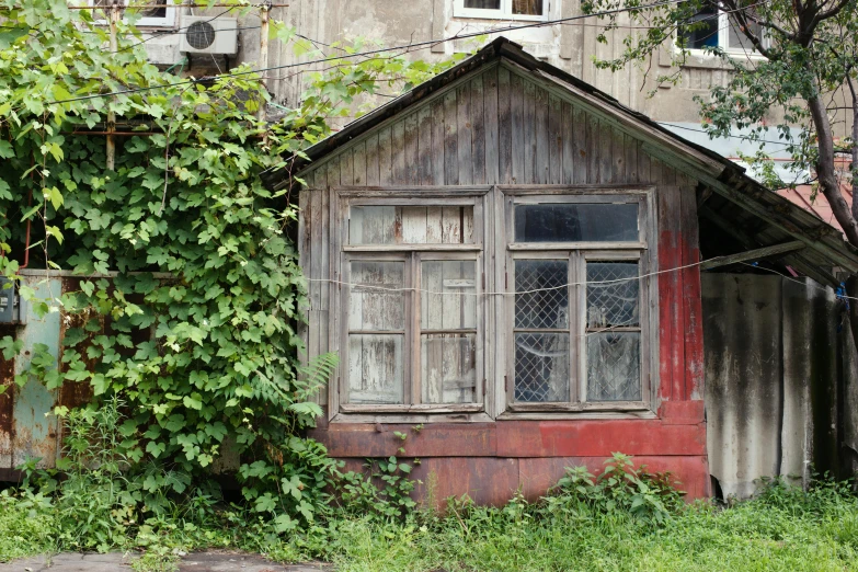 an old house with vines growing on the side of it, an album cover, inspired by Isaac Levitan, pexels contest winner, soviet suburbs, shack close up, 000 — википедия, japanese house