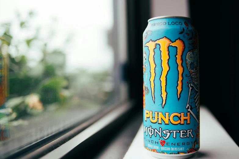 a can of energy drink sitting on a window sill, pexels contest winner, monster hunter monster, sucker punch, ah puch, blue