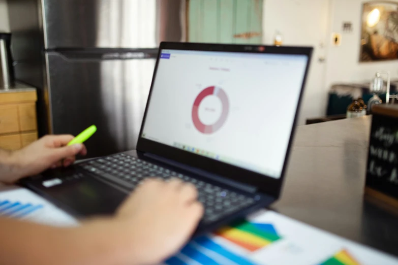 a person sitting at a table using a laptop computer, charts, round-cropped, coloured photo, schools