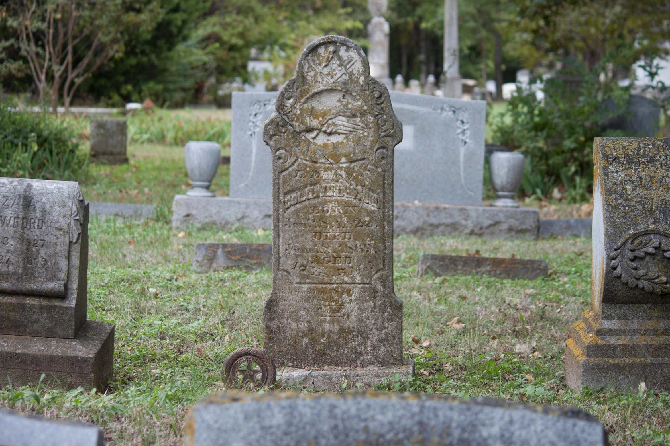 a group of tombstones sitting on top of a grass covered field, a portrait, profile image, abigail larson, deteriorated, portrait image