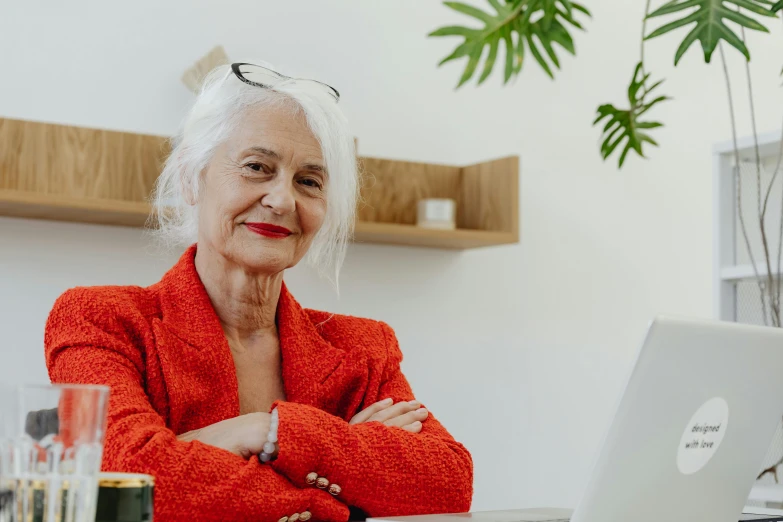 a woman sitting in front of a laptop computer, by Emma Andijewska, pexels contest winner, silver haired, fully dressed, in the office, wholesome