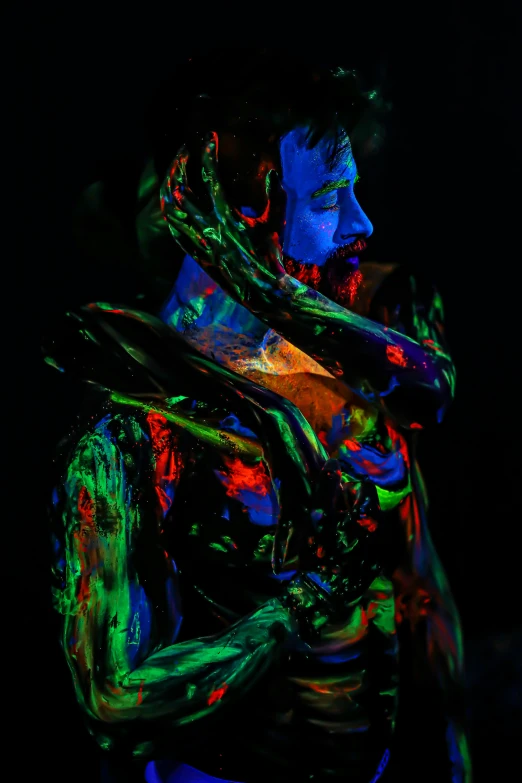 a man with fluorescent paint on his body, an album cover, pexels contest winner, action painting, glowing oil, color portrait, abstract horror, green blue red colors