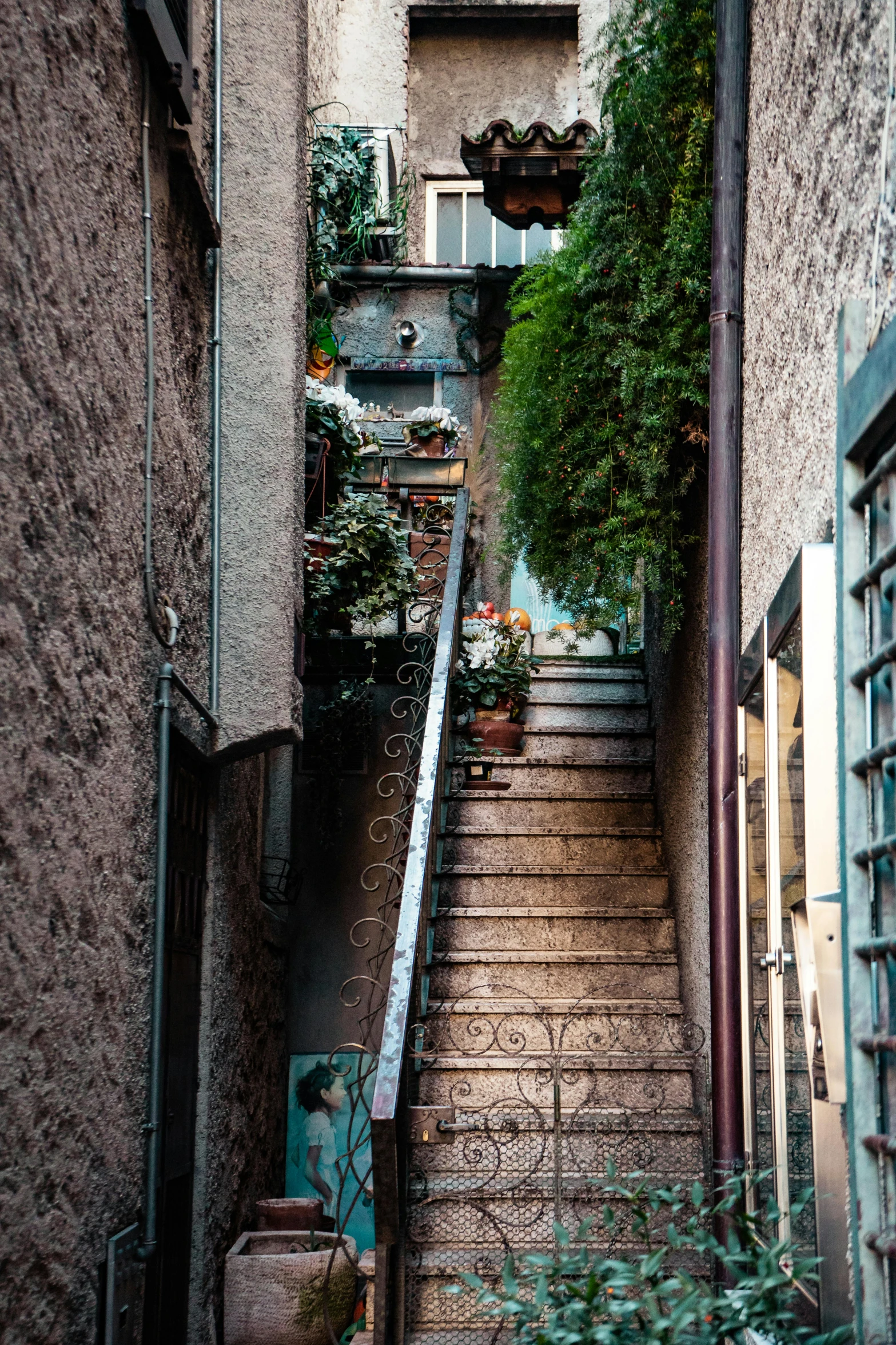 a set of stairs going up the side of a building, inspired by Elsa Bleda, pexels contest winner, street art, french village interior, hanging gardens, photo of zurich, location [ chicago ( alley ) ]