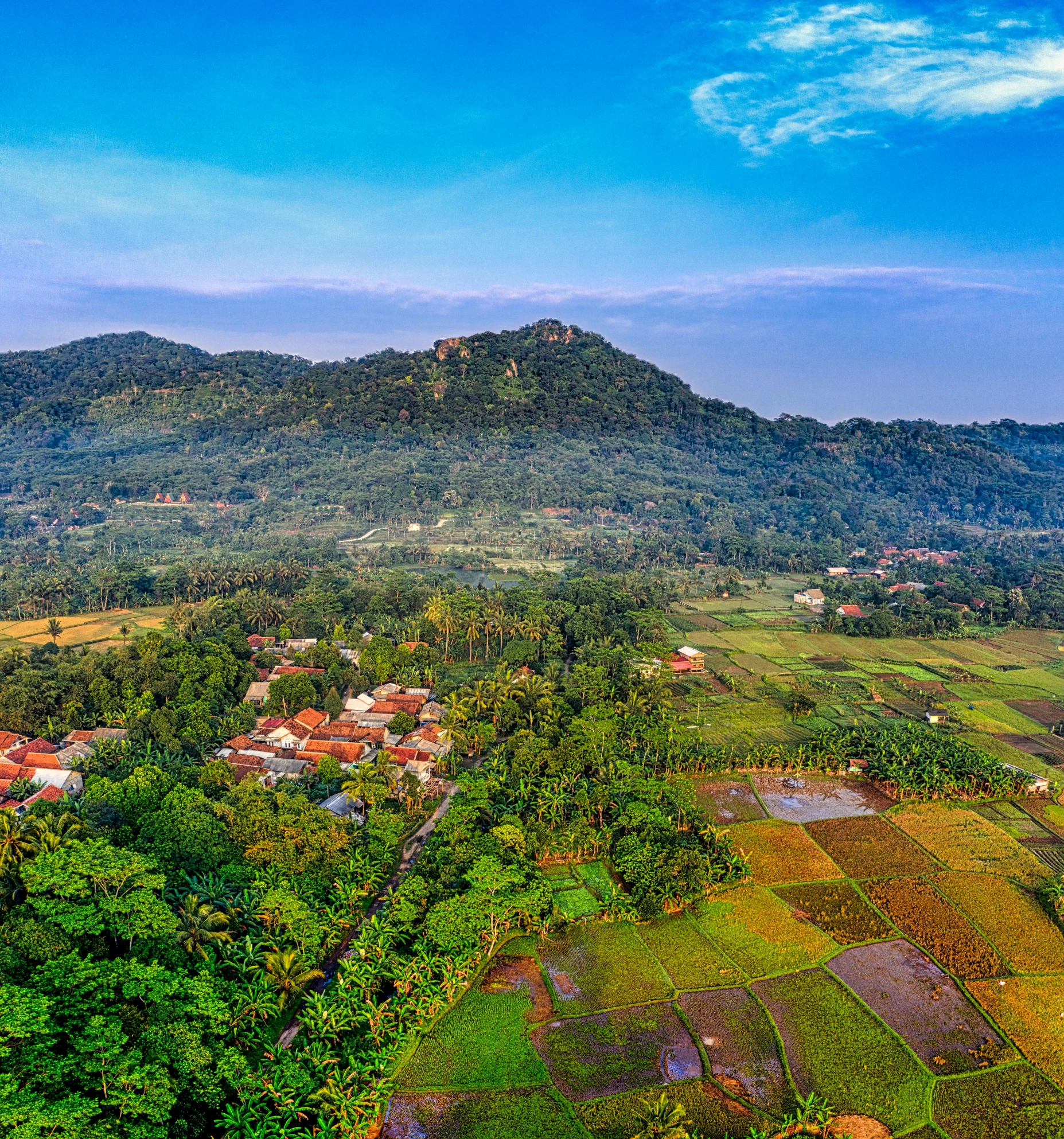 an aerial view of a village in the mountains, sumatraism, sri lankan landscape, temple in the distance, assamese aesthetic, slide show