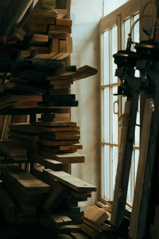a room filled with lots of books next to a window, a screenshot, pexels contest winner, arts and crafts movement, holding wood saw, reclaimed lumber, large vertical blank spaces, morning lighting
