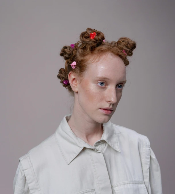 a woman with red hair wearing a white shirt, by Penelope Beaton, wearing a flower headpiece, ignant, long blond drill curls, patricia piccinini