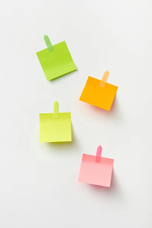 a group of sticky notes sitting on top of each other, hanging, muted neon colors, detailed product image, ((neon colors))