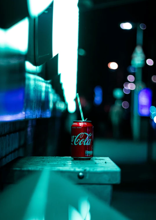 a can of coke sitting on top of a bench, inspired by Elsa Bleda, pexels contest winner, night street, red and cyan theme, profile picture, sovietwave aesthetic