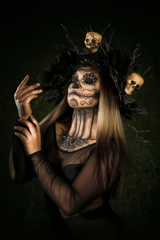 a woman in a black dress with skulls on her head, a portrait, by Heather Hudson, pexels contest winner, bodypainting, ilustration, photo of a hand jewellery model, fullbody or portrait