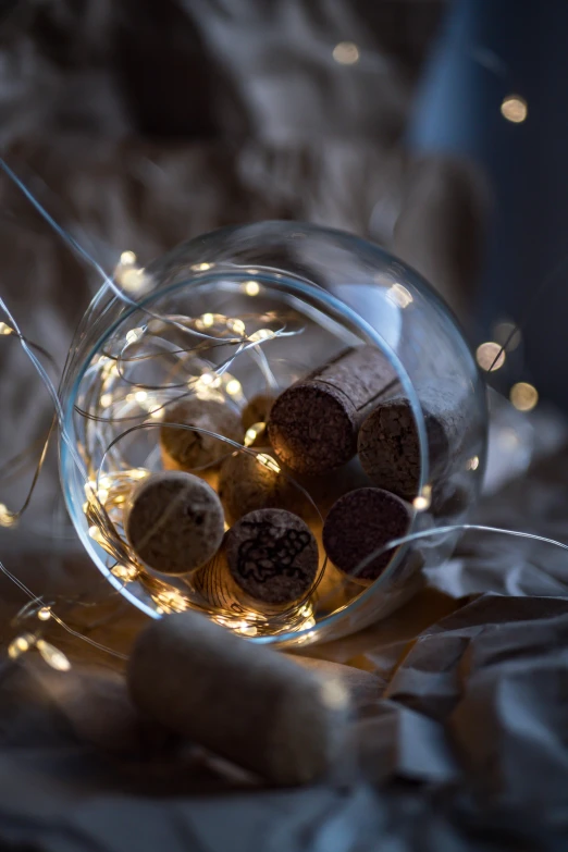 a bottle filled with wine corks sitting on top of a bed, inspired by Ernest William Christmas, light and space, strings, fine bubbles, hibernation capsule close-up, festive