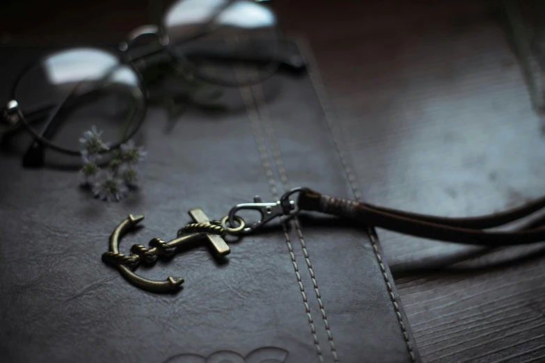 a pair of glasses sitting on top of a leather case, trending on pexels, shepherd's crook, moody atmosphere, anchor goatee, ankh pendant