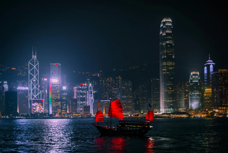 a boat floating on top of a body of water, by Patrick Ching, pexels contest winner, visual art, neon megacity in the background, chinese heritage, sailing ship, slide show