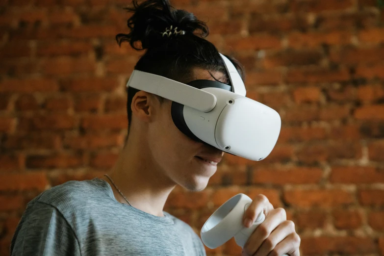 a woman wearing a virtual reality headset in front of a brick wall, trending on pexels, renaissance, oculus quest 2, drink, a very macular woman in white, with unreal engine