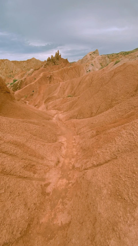 a dirt road in the middle of a desert, an album cover, by Muggur, geological strata, kodachrome photo, 1990, ocher