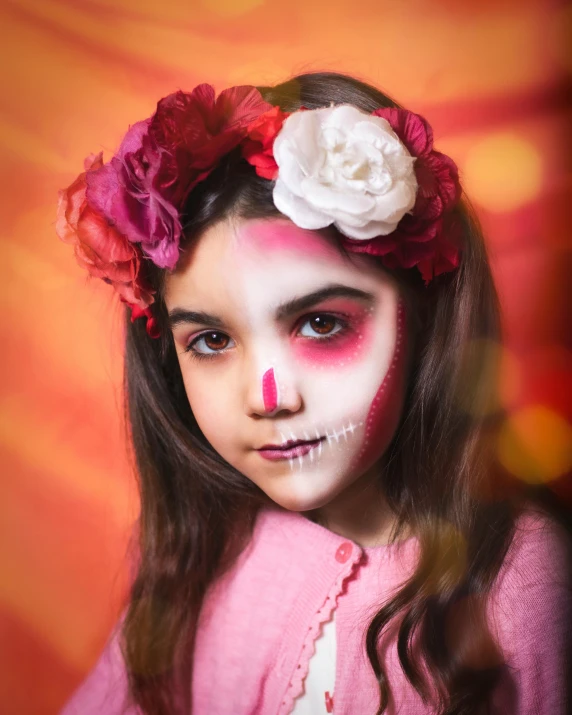 a girl with face paint and flowers in her hair, an airbrush painting, by reyna rochin, pexels contest winner, halloween atmosphere, pink and red color scheme, children's, isabela moner