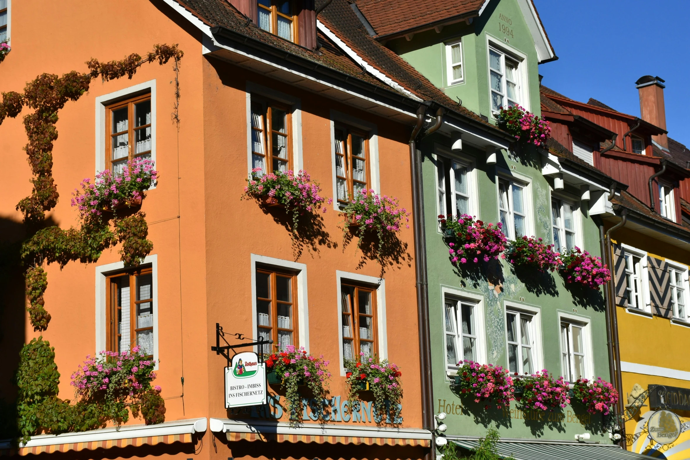 a row of colorful buildings on a city street, by Werner Gutzeit, pexels contest winner, art nouveau, flowers, green, nuremberg, restaurant