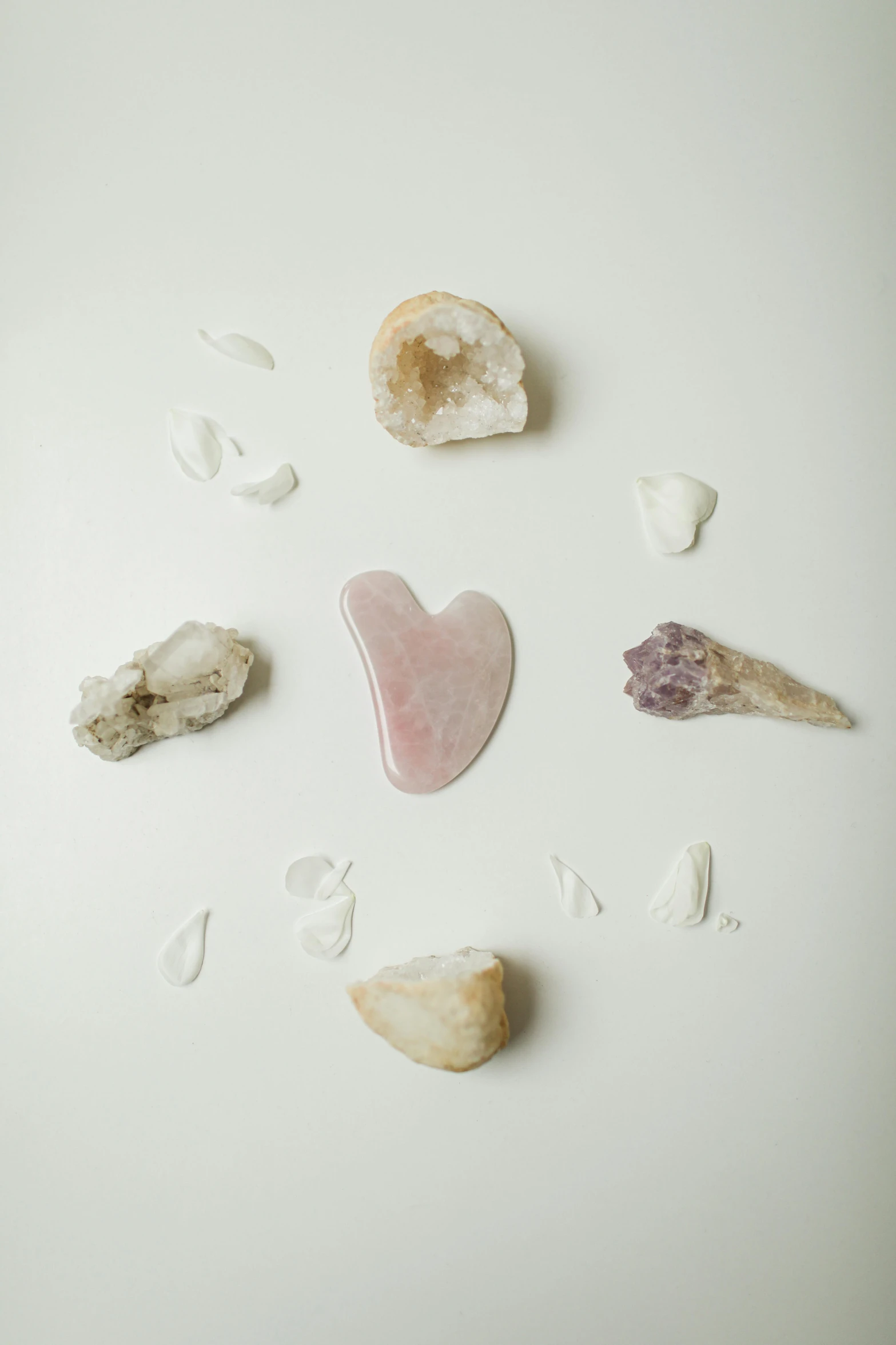 a heart surrounded by shells on a white surface, by Jessie Algie, trending on pexels, rose quartz, with crystals on the walls, soft organic abstraction, stone and glass