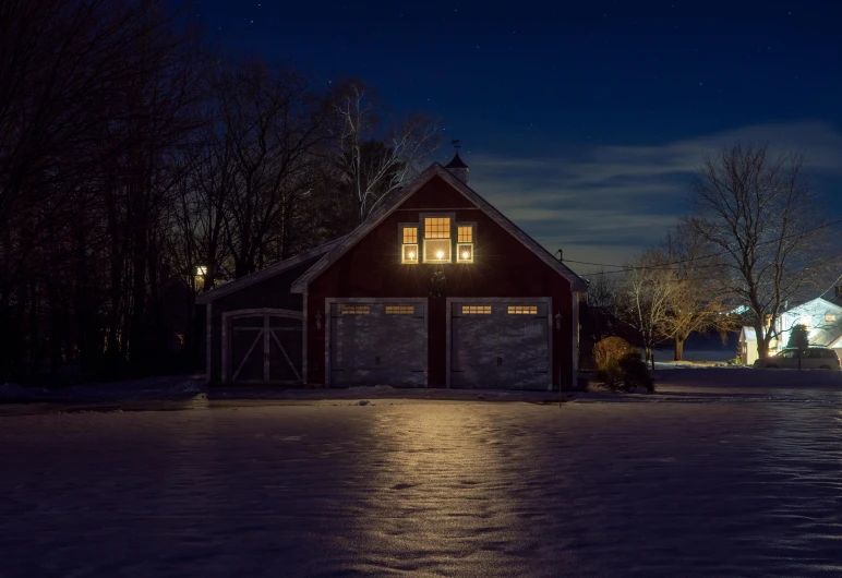 a barn lit up at night in the snow, a portrait, pexels contest winner, photorealism, moonlit parking lot, lake house, new england architecture, car garage