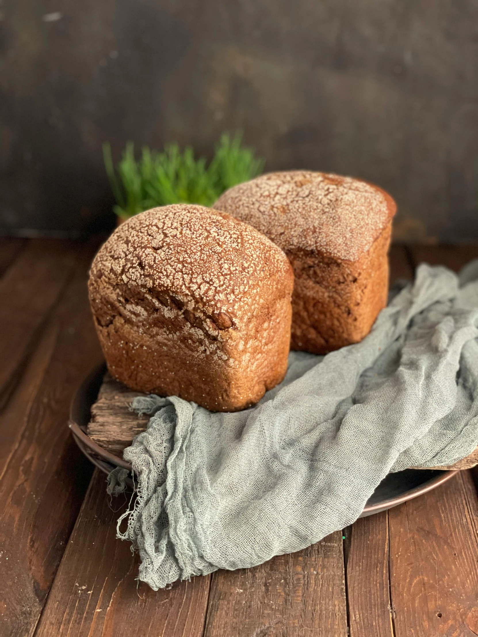 two loafs of bread sitting on top of a wooden table, giant sequoia, detailed product image, front shot, herbs