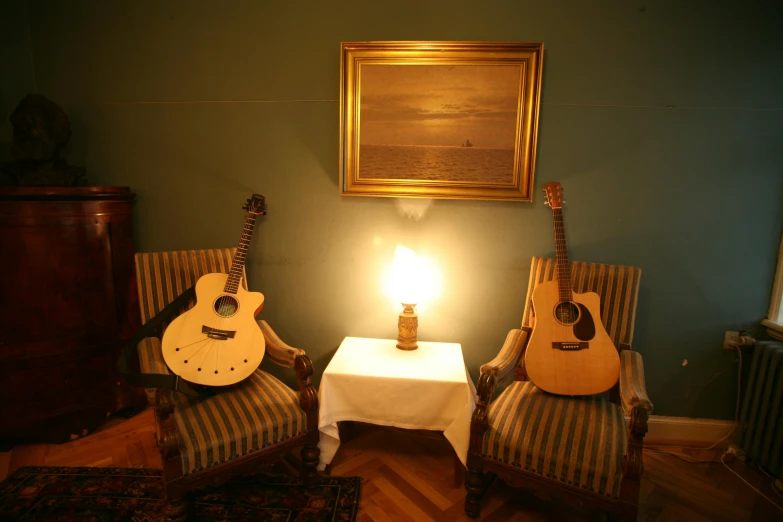 a living room filled with furniture and a guitar, inspired by Jóhannes Geir Jónsson, romanticism, hotel room, comfy chairs, worship, (night)