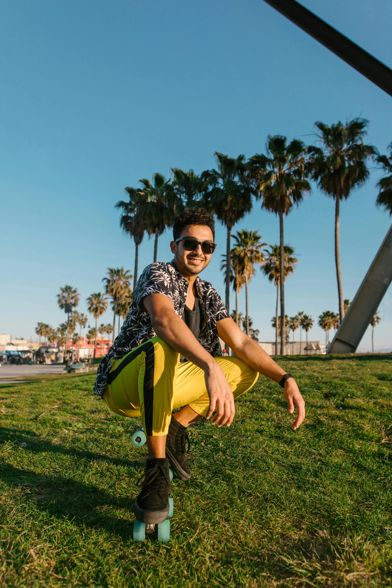 a man riding a skateboard on top of a lush green field, by Robbie Trevino, wearing versace sunglasses, standing near the beach, a palm tree, yellow clothes