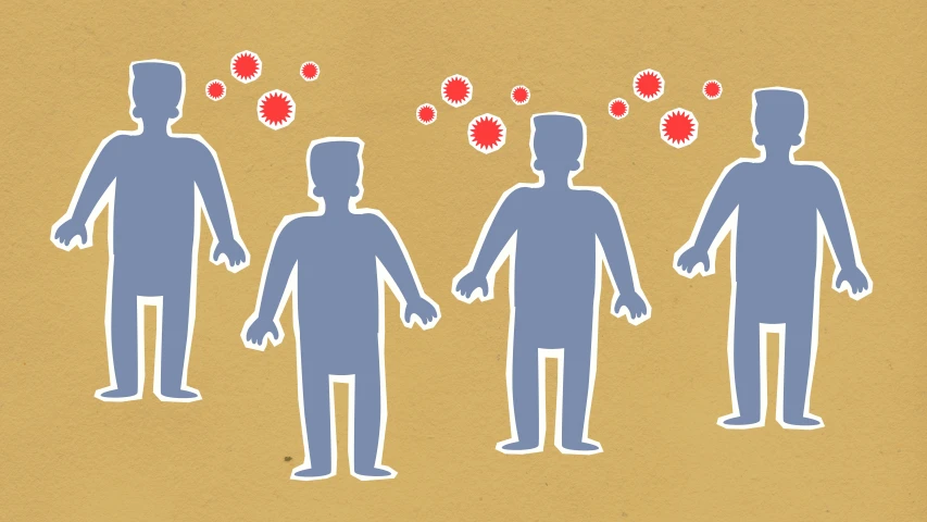 a group of people standing next to each other, an illustration of, pustules, outlined silhouettes, coronavirus, brown