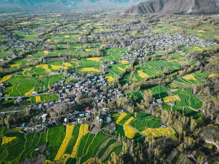 an aerial view of a village in the mountains, by Julia Pishtar, pexels contest winner, hurufiyya, green and yellow, college, spring season, thumbnail