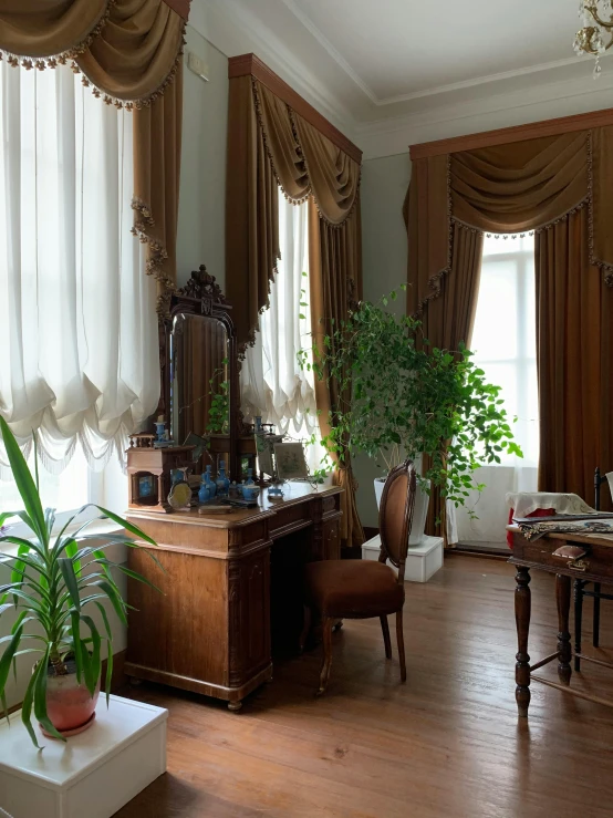 a living room filled with furniture and lots of windows, inspired by Konstantin Vasilyev, rococo, desk, botanical, profile image, brown