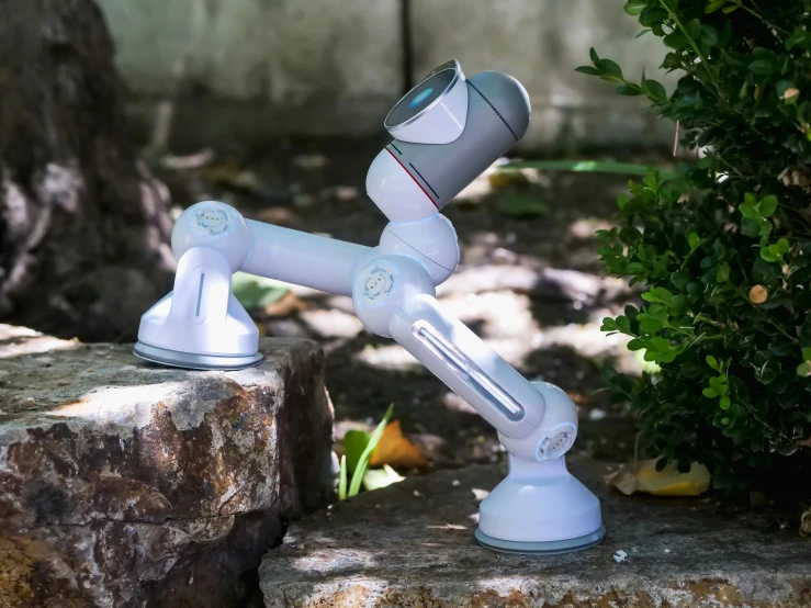a camera that is sitting on a rock, bionic arms and eyes, in the garden, sleek white, volumetric outdoor lighting