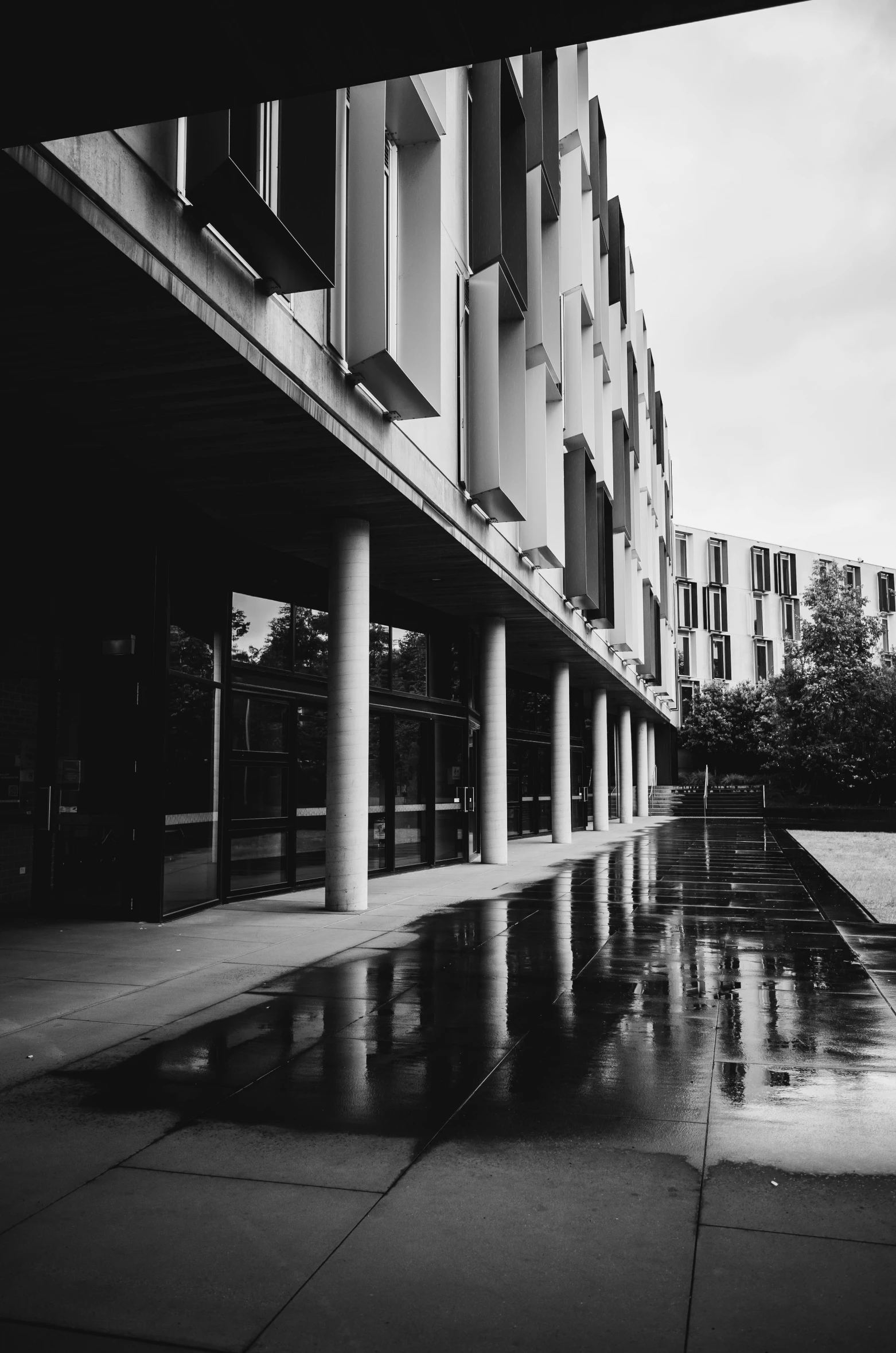 a black and white photo of a building, inspired by Thomas Struth, unsplash contest winner, wet sidewalk, gloomy library, colour splash, college