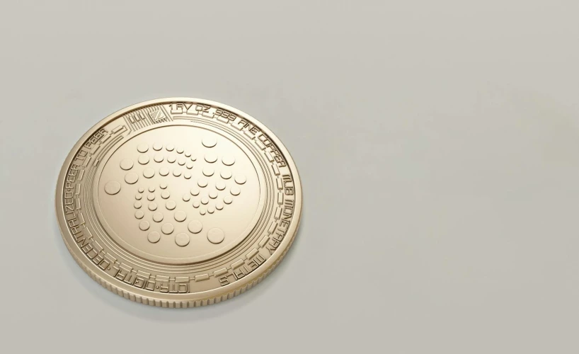 a close up of a coin on a white surface, raspberry, made of dots, designed in blender, medallion