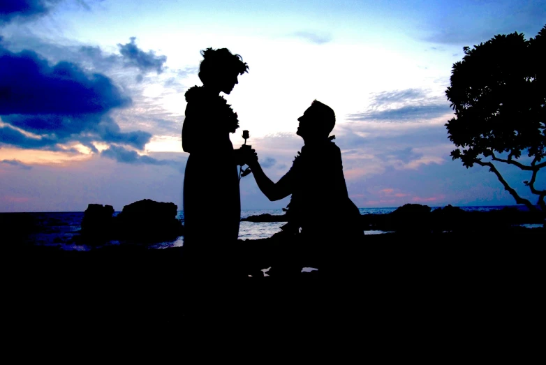 a man proposing a woman on the beach at sunset, pexels contest winner, regency-era, parody, instagram photo, black silhouette