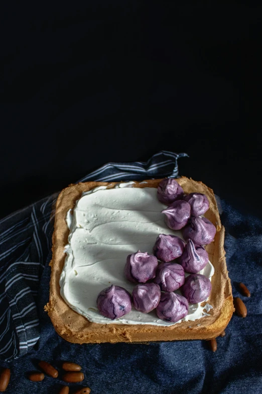 a piece of bread sitting on top of a blue cloth, white and purple, dessert, frontal shot, portrait n - 9