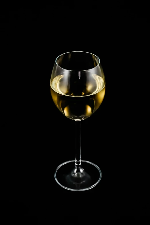 a glass of white wine on a black background, a digital rendering, by Emanuel de Witte, pexels, digitally remastered, portrait n - 9, posed, 🍸🍋